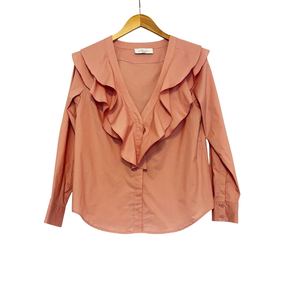 L'Academie Los Angeles Blouse Mauve Pink Ruffle Neckline size L